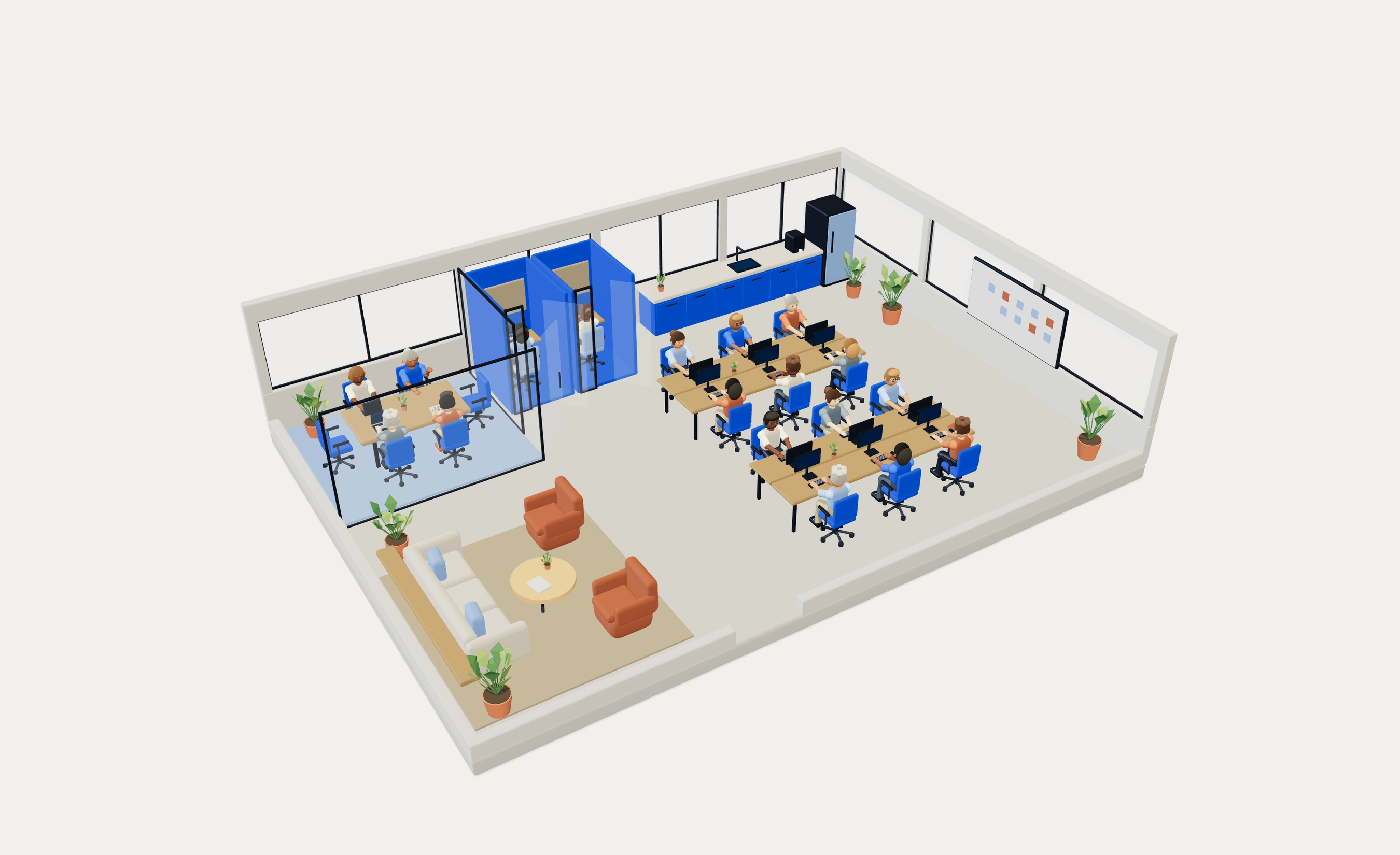 Escritório 3D real do Agelenco com agentes em mesas de trabalho, sala de reunião e cabines de foco, com cadeiras azuis.